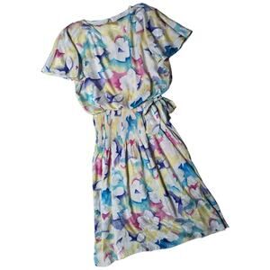 Vtg 1980s Jamie White Satin Pastel Floral Print Micro Pleated Midi Dress 10